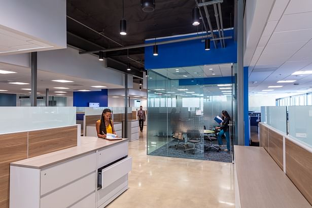 The semi-transparent huddle room is used strategically to disrupt the corridor to create visual interest and create further opportunities for collaboration.