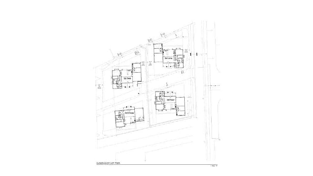 Site Plan with First Floor Plans of the Four Houses with Attached ADUs and offices