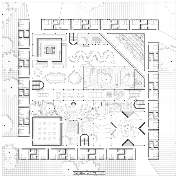 floor plan / smorgas, level one, a table of collectively managed spaces circumscribed in a spool of privacy