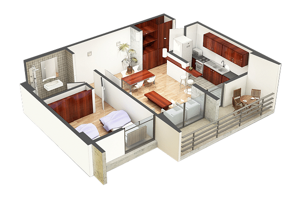 Axonometric - Type One Room 'B' Apartment. (Image of shared autorship)