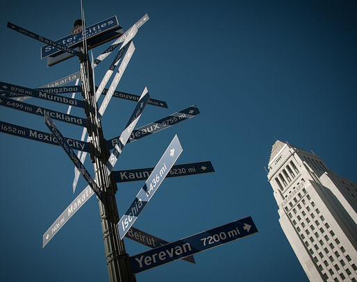 Los Angeles City Hall and sister cities signs. Photo: Cesarexpo/Wikimedia Commons.