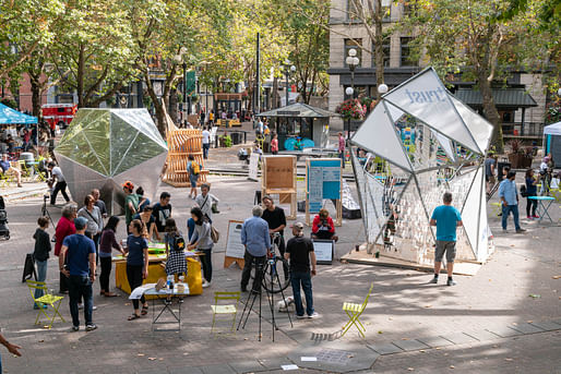 Overview shot of the 2018 Seattle Design Festival Block Party in Occidental Square. Over the course of a weekend, more than ten thousand visitors gathered to experience this two - day street fair celebrating design. Photo by Trevor Dykstra.