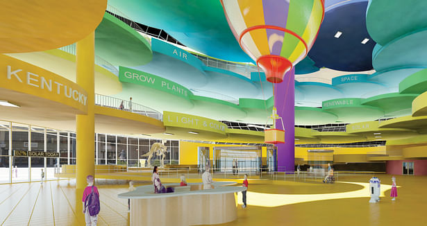 Louisville Children's Museum proposal's interior lobby with spiral ring of cloudlike platforms.