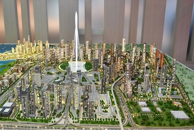 Model of the massive Dubai Creek Harbour development with The Tower as its centerpiece. (Image: WAM)