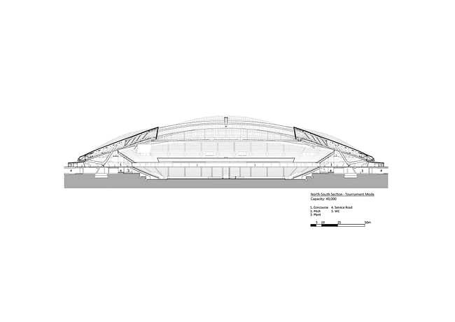 Al Janoub Stadium, North-South Section - Tournament Mode. Image courtesy of Zaha Hadid Architects.