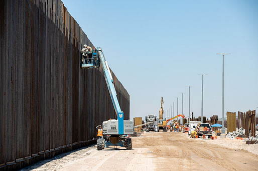 Photograph showing border wall construction near Yuma, AZ in July 2019. Photo: Jerry Glaser for U.S. Customs and Border Protection/<a href="https://www.flickr.com/photos/cbpphotos/48537428557/in/album-72157709883213982/">Flickr</a>