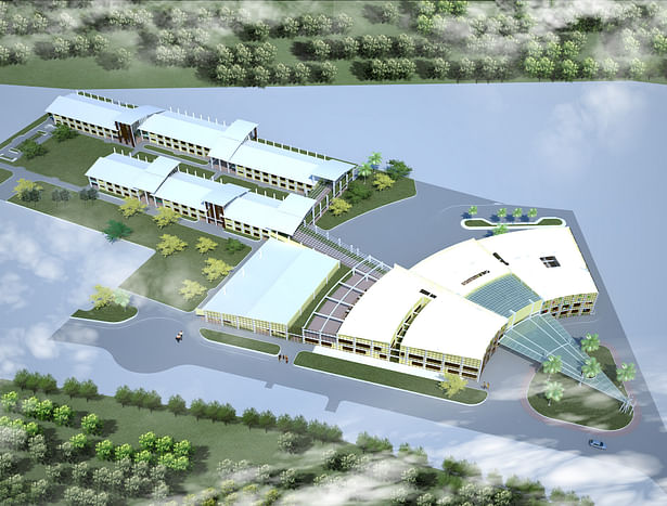 Bird's eye view of main building: School building; rendered in Sketchup, with V-ray application, and edited in Photoshop