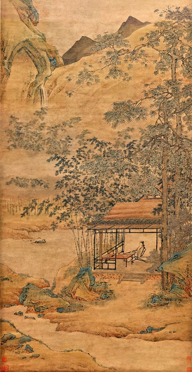 ©仇英-梧竹书堂图局部 “one house with one patch of farmland and one courtyard”