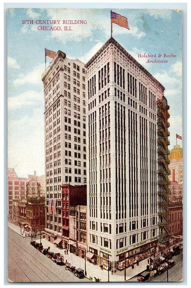 The Century Building, 1915, Holabird & Roche, 202 S. State Street. The Consumers Building, 1913, Jenney, Mundie & Jensen, 220 S. State Street. Photo Credit - Preservation Chicago Historic Postcard Collection