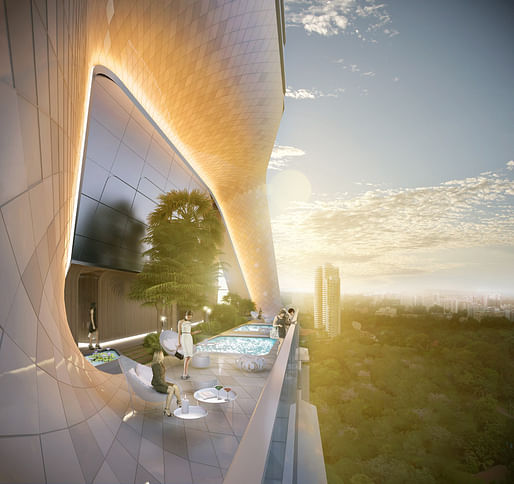 Rendering of the UNStudio-designed The Scotts Tower in Singapore: view of the Sky Terrace with pool (Image: UNStudio)