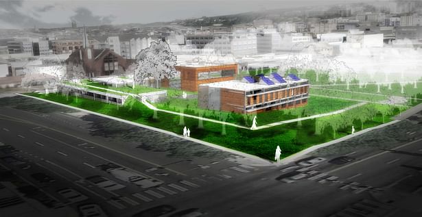 Perspective from Denny & Dexter showing the backside of P&R offices and green roof of community center