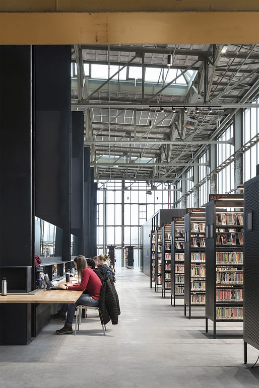 LocHal Library in Tilburg, The Netherlands by Civic Architects (architectural design); Braaksma & Roos Architectenbureau (restoration); Mecanoo (interior design); Inside Outside: Petra Blaise in collaboration with the TextielMuseum (interior concept and textiles); Photo: Stijn Bollaert