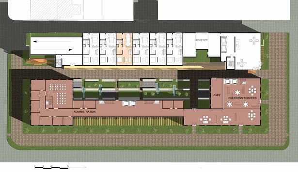 The ground floor clearly depicts the concept of public and private space separated by a buffer. The private spaces are the condominiums to the north and the public space is the library facing L Street.