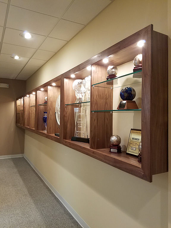 New Custom-Designed Walnut Modular Awards Display with Integrated LED Lighting and Tempered Glass Shelves