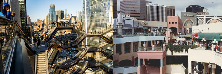 Left: View of the interior of The Vessel, Image courtesy of Raphe Evanoff. Right: Interior view of Horton Plaza, Image courtesy of David Marshall, AIA.
