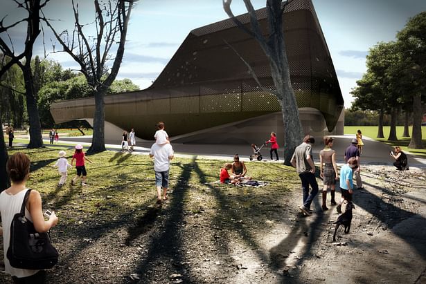 The additional outdoor performance area - connected to the landscape area north of the proposed site - can be used for more family-related events, expanding the range of the HHM's demographic. 