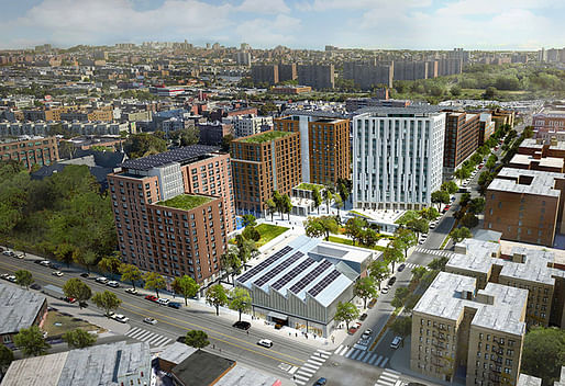 Aerial rendering of the proposed Peninsula affordable housing project. Image courtesy of WXY architecture + urban design. 