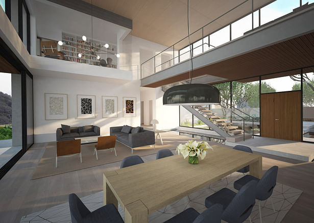 Double height main living and dining space. A bridge connects the two bedroom wings on the upper level. Cantilevered out over the living area is the private office of the master suite.