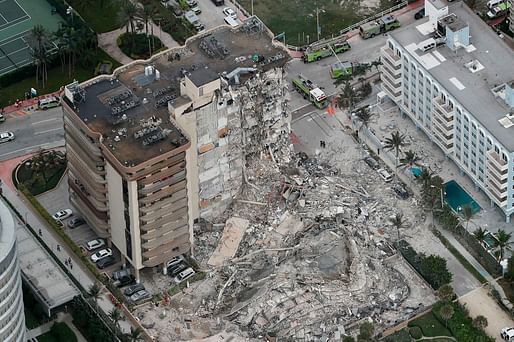 Champlain Towers South, Florida, after its <a href="https://archinect.com/news/tag/1777399/miami-condo-collapse">collapse in 2021</a>. Image: Brandon Taylor, WLTX /<a href=" https://twitter.com/Brandon_Newsie/status/1408372144841494528/photo/1">Twitter</a>