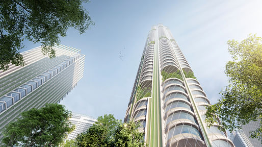 Rendering of SOM's <a href="https://archinect.com/news/article/150288141/som-unveils-vision-for-carbon-absorbing-cities-at-cop26">'Urban Sequoia'</a> concept which prominently features natural, carbon-sequestering building materials, including hempcrete. Rendering © SOM | Miysis