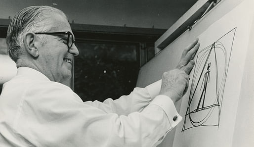 Henry Dreyfuss drawing a symbol for the 'Symbol Sourcebook: An Authoritative Guide to International Graphic Symbols,' ca. 1971; Henry Dreyfuss Archive, Cooper Hewitt, Smithsonian Design Museum; Image © Smithsonian Institution
