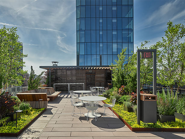 Informal dining tables surrounded by greenery.