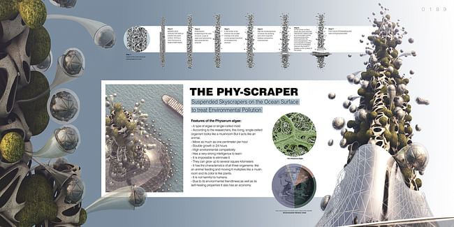 Honorable Mention: Physarum Skyscraper Cleans Oceans Pollution by Habib Shahhoseini, Mohaddeseh Eskandarzadeh, Ardalan Kiavar, Saba Salahpour, Ata Rad (Iran)