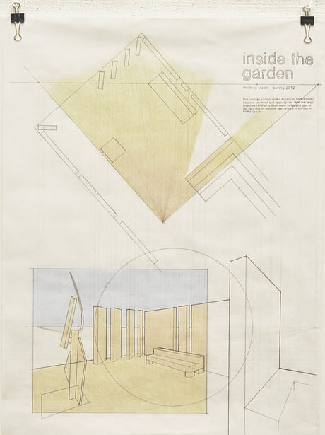 Working with a Kit of Parts, students were asked to create a Sculpture Garden in which they studied spacial hierarchy, circulation, regulating lines, axial procession, and the creation of space in an architectural manner. This perspective was constructed by creating a 60 degree cone of vision, a picture plane at which all lines ended and were drawn down to the perspective, and calculated heights to achieve the final drawing. 