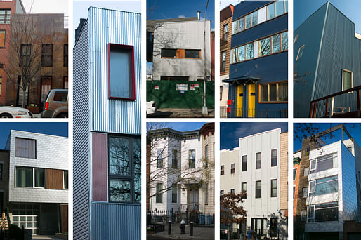 Metal exteriors in Brooklyn may be found on, top row, from left, a condo on Bond Street on the Gowanus-Boerum Hill border; 16th Street, Park Slope; two houses on Sixth Avenue in Park Slope; and Park Avenue in Clinton Hill. Bottom row: Seventh Street and Seventh Avenue in Park Slope; Eighth Avenue near Windsor Terrace; and Wyckoff Street in Boerum Hill. Credit Dave Sanders for The New York Times