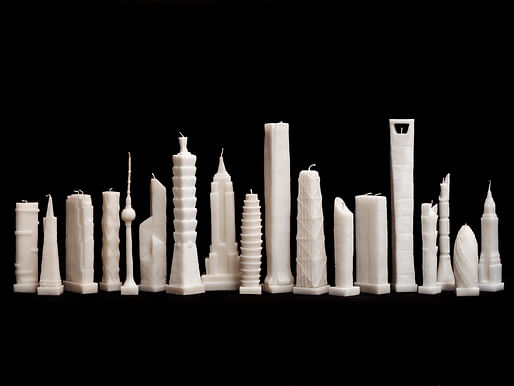 "Flammable" by architect Jingjing Naihan Li scales down the world's most celebrated skyscrapers into wax candles. Image via naihanli.com 