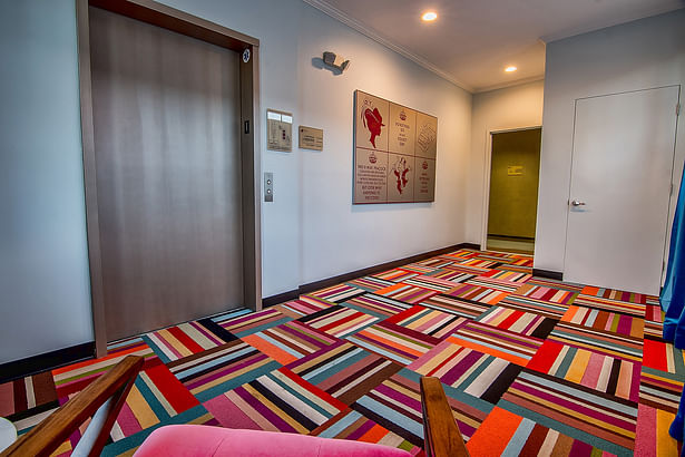 First Floor Lobby Redesign, Branding, Geometric, Bold + Colorful design, bespoke artwork