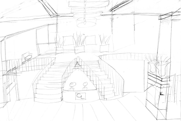 Here is an ideation sketch of the front lobby and check-in counter looking from the front doors into the Spa.