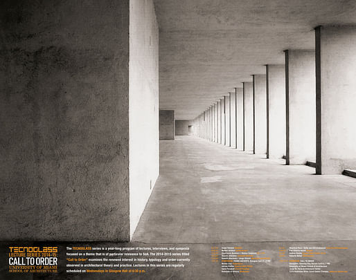 Photo: Aldo Rossi's "Housing unit in the Gallaratese 2 Quarter, Milan, the archade, 1986" by Luigi Ghirri as shown in LUIGI GHIRRI/ALDO ROSSI by Paolo Costantini. Poster courtesy of the University of Miami School of Architecture.