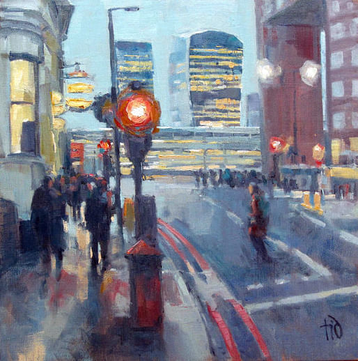 Image: Marion Wilcocks “City Towers from London Bridge”, for sale within the exhibition