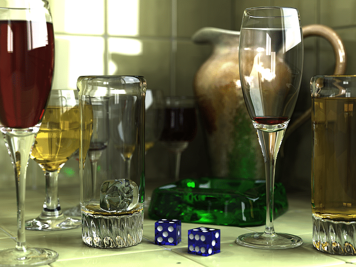 The ashtray, glasses, and pitcher were modeled in Rhino (image 'Glasses 800 edit' by Gilles Tran - Licensed under Public Domain via Wikimedia Commons)
