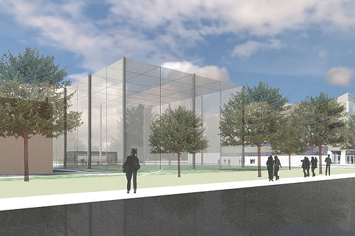  A rendering of the eastward-looking view of M-Air, a netted facility for safely testing drones outside. Construction will begin in August 2017 at the corner of Hayward and Draper on the University of Michigan's North Campus. Credit: Architect and engineering firm Harley Ellis Deveraux