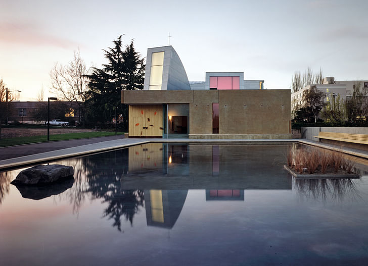 Chapel of St. Ignatius, Seattle, Washington, USA, 1994-1997; view from reflecting pond, 1997. Photo credit: © Paul Warchol