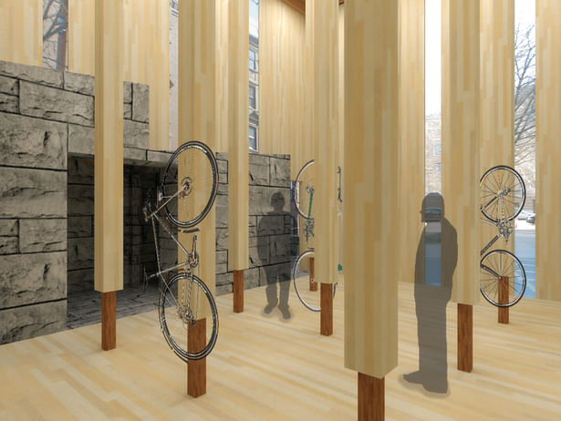 interior rendering of how the bikes are stored and the peoples’ relation to the built elements