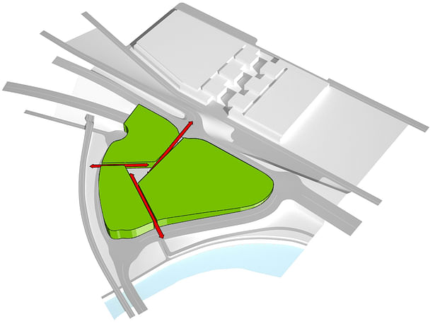 The guidelines of the main pedestrian fluxes (the link to the interchange station, the axis to La Naval and the connection to the new riverside promenade) identify three sub-areas and a new central square