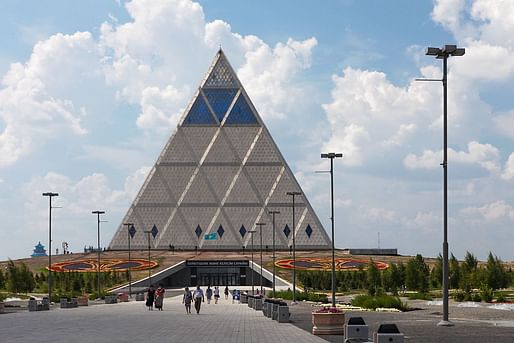 The Norman Foster-designed Palace of Peace and Reconciliation pyramid in Astana. Image via Wikipedia.