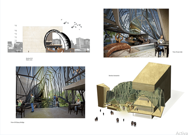 (3) Section, view of café to atrium, view café to bridge and section perspective from bird view. 