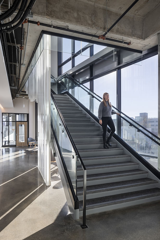 The grand staircase and use of glass showcases WOSU’s commitment to and values of honesty and transparency