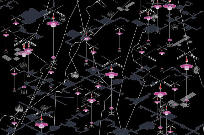 Kempf’s pink-and-orange markers, placed at the intersections of IP addresses, are inspired by Roman milliaria, or milestones, which measured the distances between towns. (Photo courtesy of Petra Kempf)