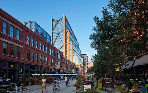 Chicago's Fulton Market District with SOM’s new 800 Fulton Market tower in the background. Image credit: Dave Burk for SOM