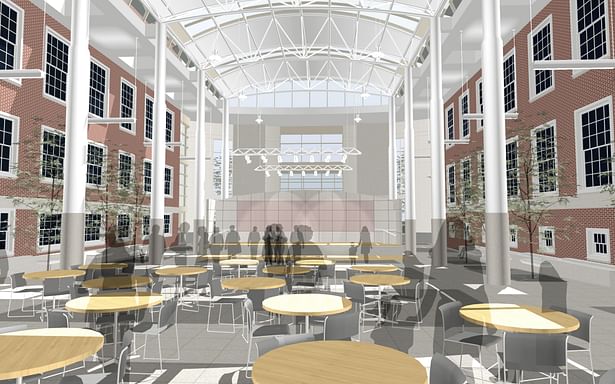 The Forum at Queens Borough Hall Interior Perspective Cafe looking at stage