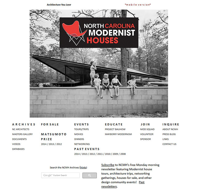 The top half of the NCMH website’s landing page showing the organization’s logo and a 1960s black-and-­white public domain photo of the iconic Eduardo Catalano house that was in Raleigh, North Carolina, until it was destroyed in 2001.