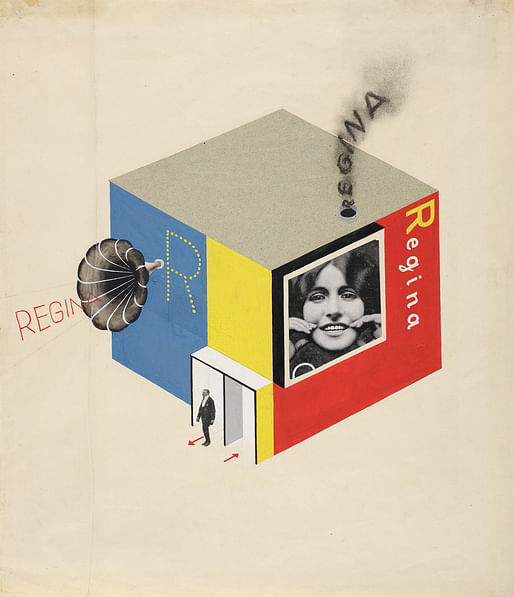 Herbert Bayer, Design for a Multimedia Trade Fair Booth, 1924. Opaque watercolor, charcoal and touches of graphite with collage of cut printed and colored papers on off-white wove paper. Harvard Art Museums/Busch-Reisinger Museum, Gift of the artist, BR48.101. © Artists Rights Society (ARS), New...