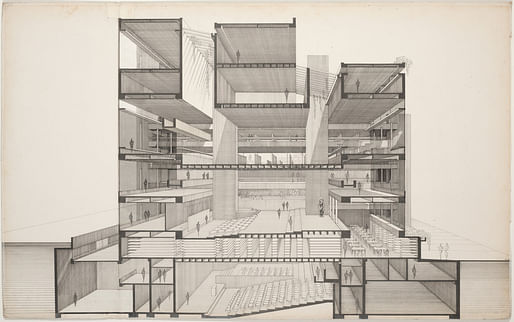 Paul Rudolph (American, 1918-1997) Perspective section drawing of the Art and Architecture Building, Yale University, New Haven (1958). Pen and ink, graphite, and plastic film with halftone pattern, on illustration board 36 7/8 x 53 5/8 x 2 in. (93.6 x 136.2 x 5.1 cm) School of Architecture, Yale...