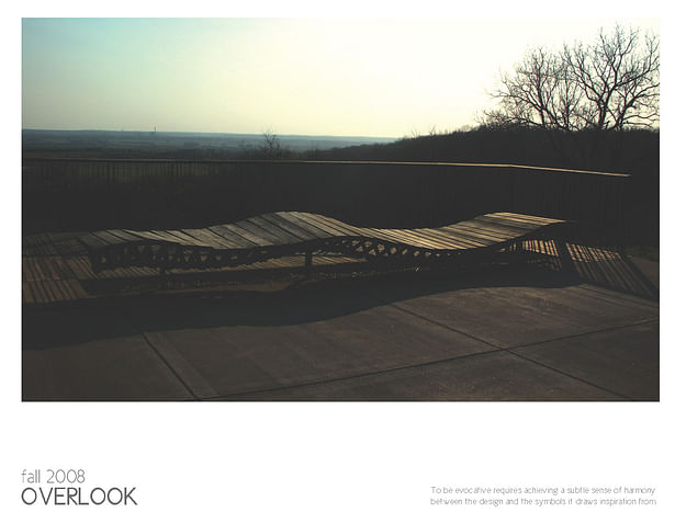 Main view of the Overlook's deck and bench, with the horizon beyond it.