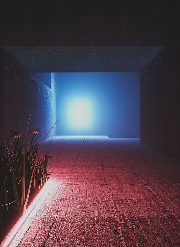 Pink into Blue | Another view walking on walk way corridor to building entrance.